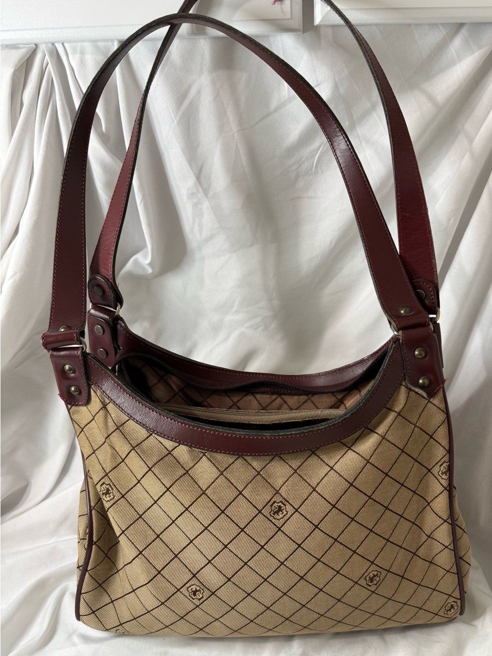 Etienne Aigner Tan Canvas Shoulder Bag with Burgundy Trim